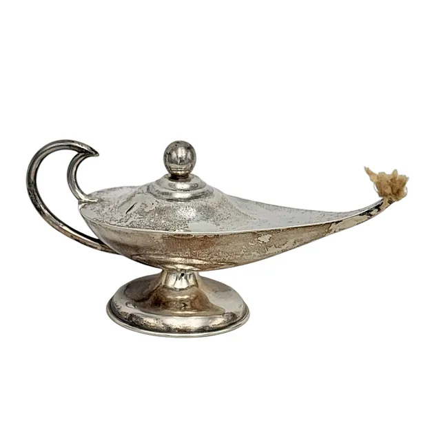Plat-Mex, oliestenlampe formet som en Aladdin-lampe med væge og kugleknop, 925 sterlingsølv, Mexico