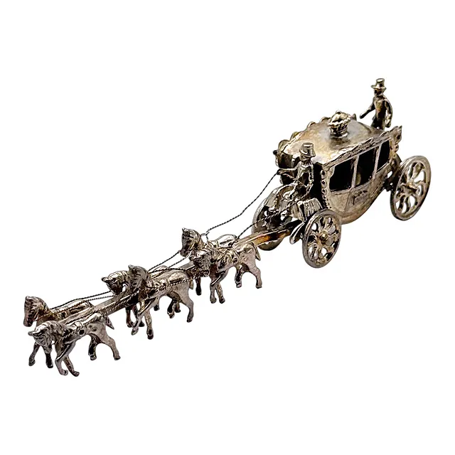 Miniature en argent, calèche royale, argent 835, Schoonhoven 1972, attelage à six chevaux, cocher et laquais