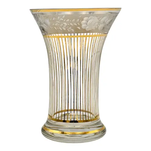 Vase Steiner & Vogel en forme de trompette, verre clair avec bandes dorées et bordure de roses, Vohenstrauß