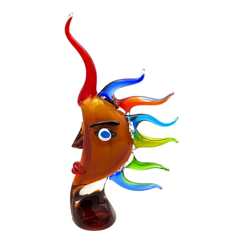 Sculpture en verre de Murano « Hommage à Picasso », tête stylisée avec mèches colorées, verre massif