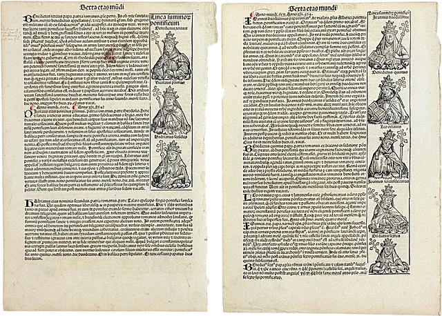 Chronique du monde de Schedel, deux feuilles d'incunable, papes, empereur Lothaire et grêle, Nuremberg 1493