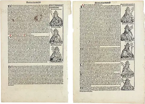 Chronique du monde de Schedel, deux feuilles d'incunable, papes, empereur Lothaire et grêle, Nuremberg 1493