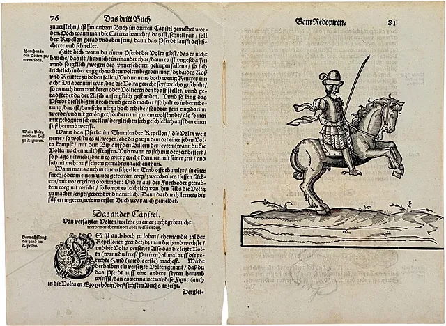 Traité d'équitation, probablement d'après Grisone, double feuille avec cavalier et figure de volte, probablement Augsbourg, 16e siècle