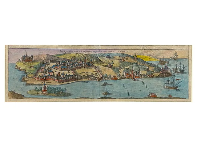 Braun e Hogenberg, Goa in India, veduta a volo d'uccello da „Civitates Orbis Terrarum“, Colonia, XVI/XVII sec.