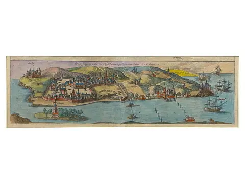 Braun et Hogenberg, Goa en Inde, vue à vol d'oiseau tirée de « Civitates Orbis Terrarum », Cologne, XVIe/XVIIe s.