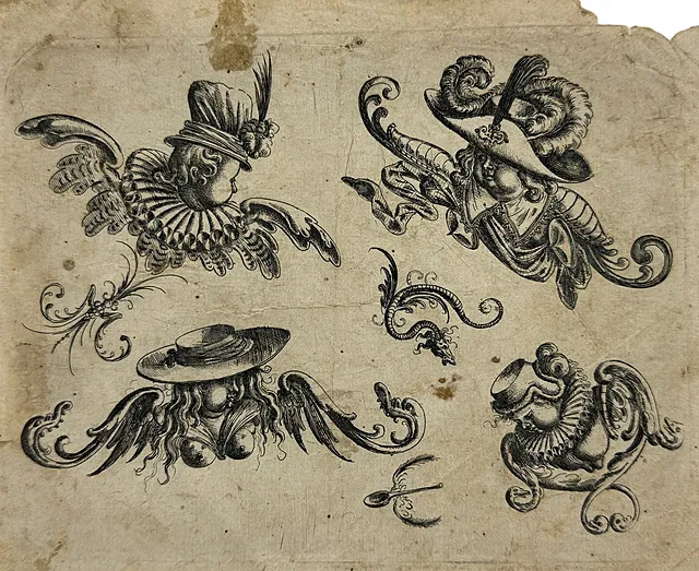 Christoph Jamnitzer, « Les quatre états », gravure d'ornement, grotesques, têtes ailées, Nuremberg 1610