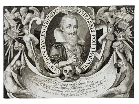 The Writing Schoolemaster, portrait de John Davies of Hereford, gravure, datée 1631