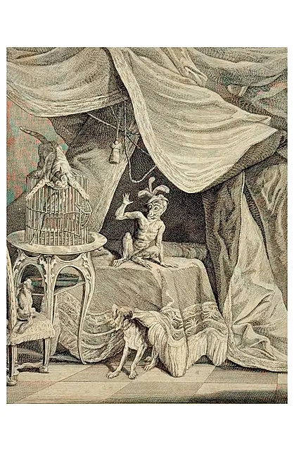 Johann Elias Ridinger, »Svigagtig smiger«, fabel 12 af »Lærerige fabler«, abe og kat