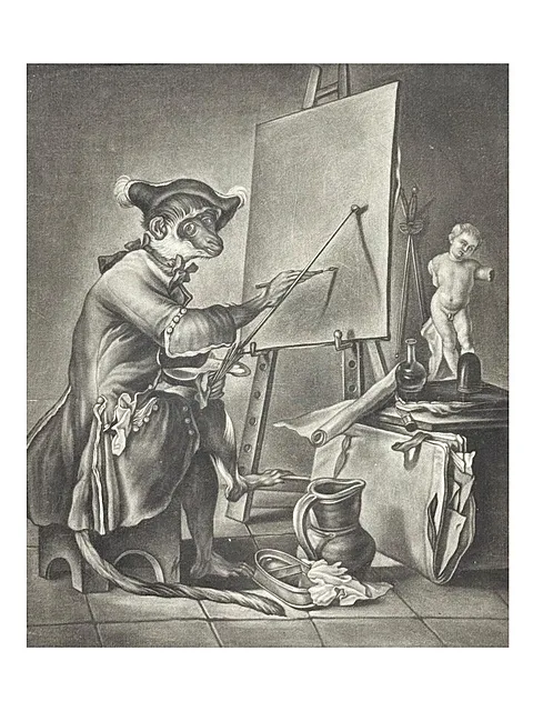 Johann Jakob Haid, « Der Mahler », singe peintre devant son chevalet, singerie, Augsbourg, milieu du XVIIIe siècle