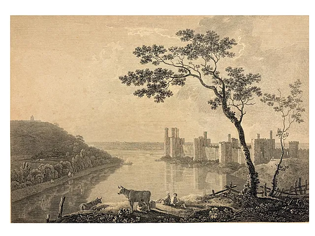 William Byrne, Carnarvon Castle w północnej Walii według Richarda Wilsona, miedzioryt 1775