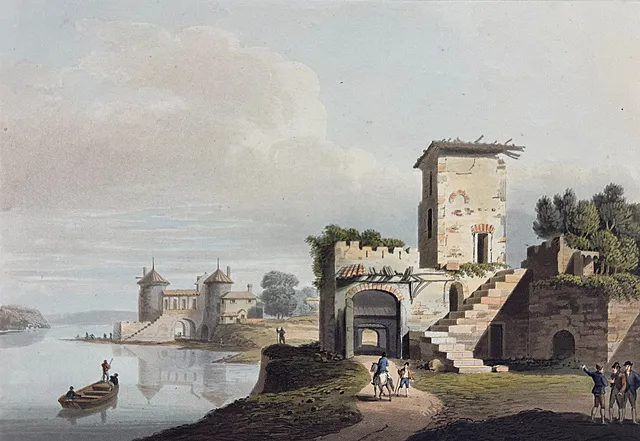 « Rosiere », paysage fluvial avec ruine et figures, Robert Bowyer, « The Triumphs of Europe », 1814