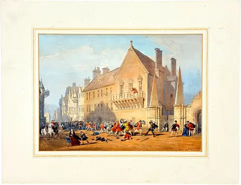 Joseph Nash, lithographie coloriée avec architecture et figures, XIXe siècle