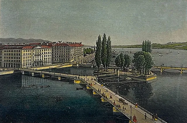 « Genève », Genève avec l'Hôtel des Bergues et l'Île Rousseau, vue, éditions Dikenmann, 2e moitié du 19e s.