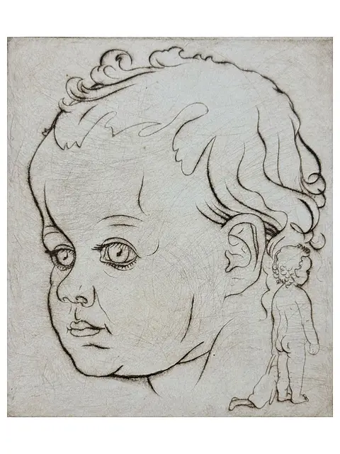 Portrait d'enfant, tête d'enfant aux cheveux bouclés, à côté enfant nu avec poupée, eau-forte originale