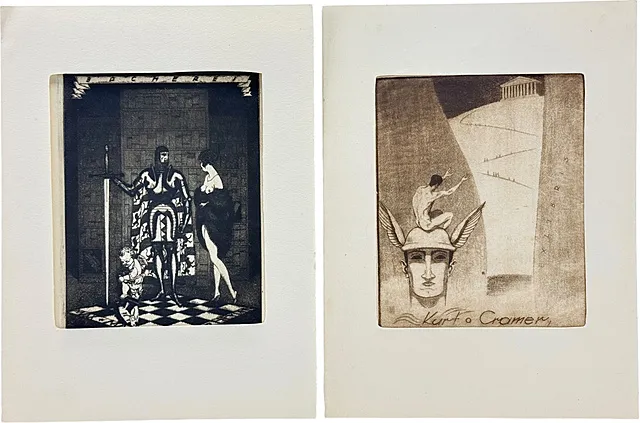 Deux exlibris pour Max Manfred von der Heyden et Kurt Cramer, chevalier avec dame, tête d'Hermès, 1922