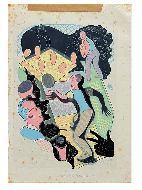 Leon Underwood, Skittles at the Black Lion, linogravure en couleurs, signée, 1936