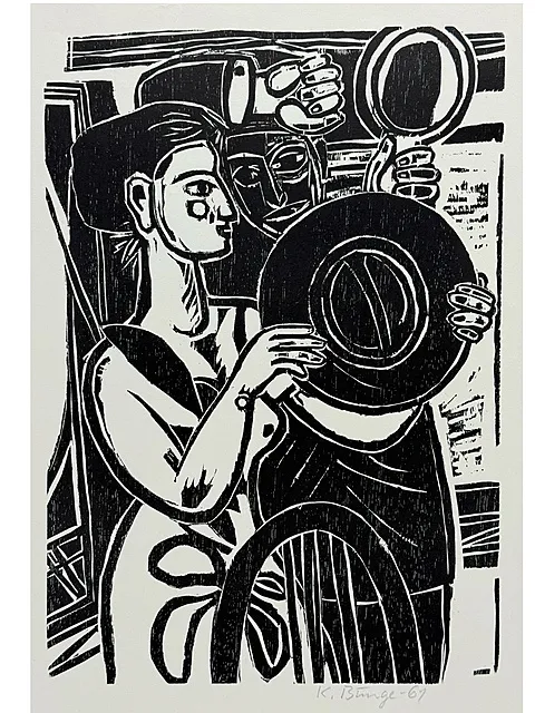 Kurt Bunge, scène de figures, gravure sur bois, édition annuelle du Kasseler Kunstverein, datée 1961