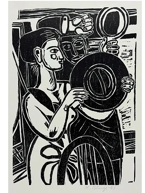 Kurt Bunge, scène de figures, gravure sur bois, édition annuelle du Kasseler Kunstverein, datée 1961