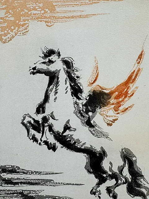 José Manuel Capuletti, Pégase bondissant, cheval ailé en noir et orange, mythologie