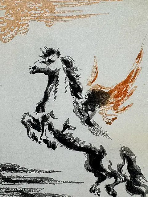 José Manuel Capuletti, Pégase bondissant, cheval ailé en noir et orange, mythologie