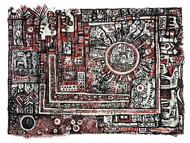 Robert Tatin, composition en rouge et noir, univers symbolique avec visages et signes solaires