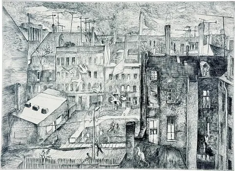 Gisela Kohl, vue sur des arrière-cours et les toits d'une ville avec cheminées, 1970