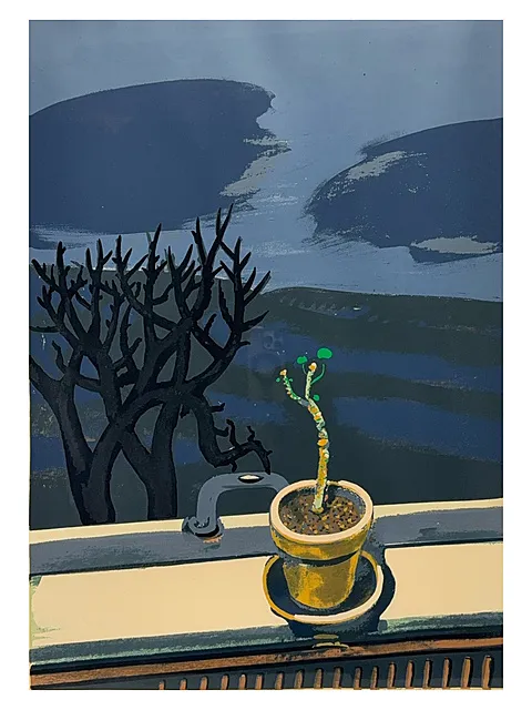 Wolfgang Mattheuer, 'Erstes Grün', uitzicht vanuit het raam op een bloempot en bomen, Leipziger Schule, 1974