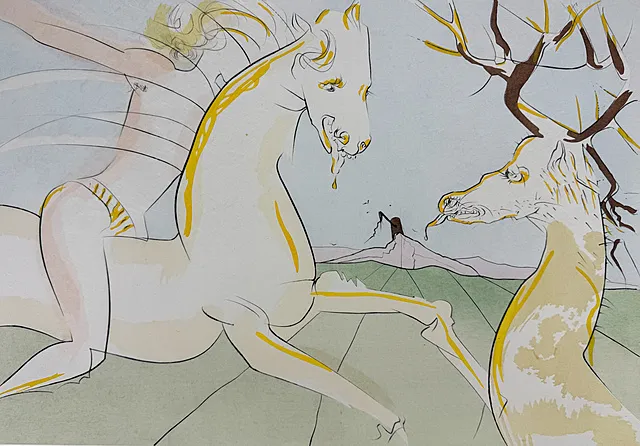 Salvador Dali, „Il cavaliere e il cervo”, da „Le bestiaire de La Fontaine”, 1974, con certificato