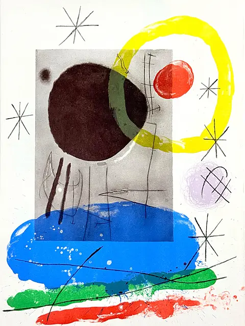 Joan Miró, Le soleil noir, lithographie en couleurs avec signe du zodiaque et champs de couleur