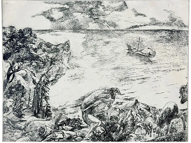 Gisela Kohl, « Ulysse », côte rocheuse avec voilier et béliers, fuite de la grotte du Cyclope