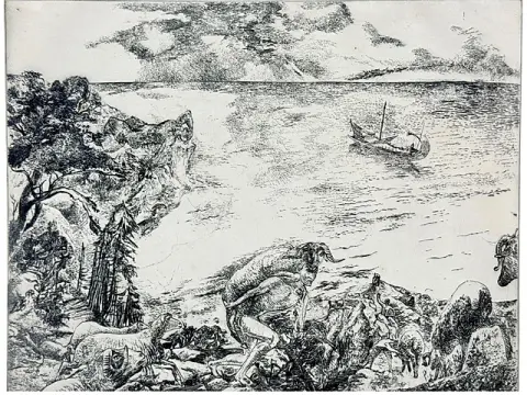 Gisela Kohl, « Ulysse », côte rocheuse avec voilier et béliers, fuite de la grotte du Cyclope