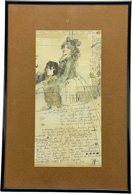 Horst Janssen, « Madame Danton », portrait de femme avec enfant et texte manuscrit de lettre, daté 1977