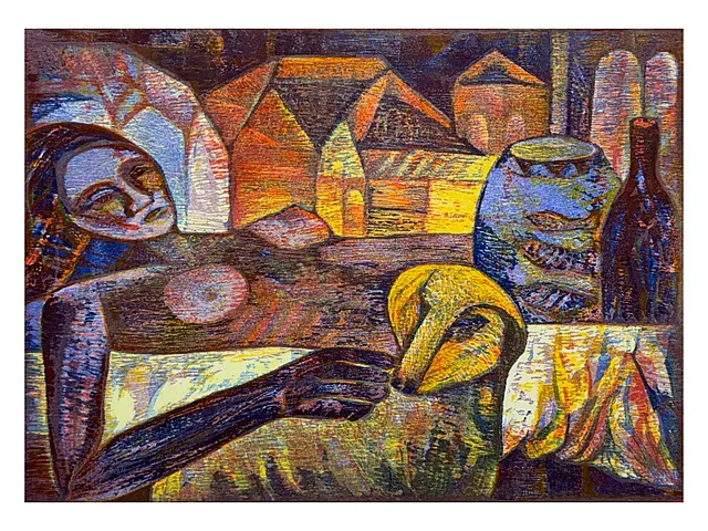 Esteban Fekete, nu allongé, nu féminin devant des maisons avec vase et bouteille, 42/100, daté 1977