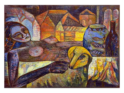 Esteban Fekete, nu allongé, nu féminin devant des maisons avec vase et bouteille, 42/100, daté 1977