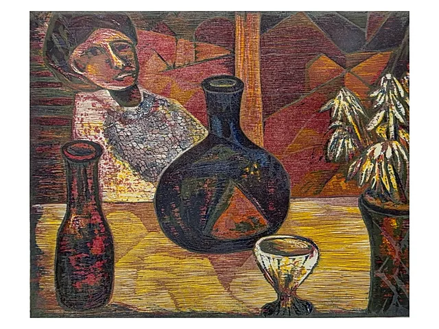 Esteban Fekete, Frau mit Stillleben, Halbfigur hinter Flaschen und Kelchglas, 43/100, datiert 1977