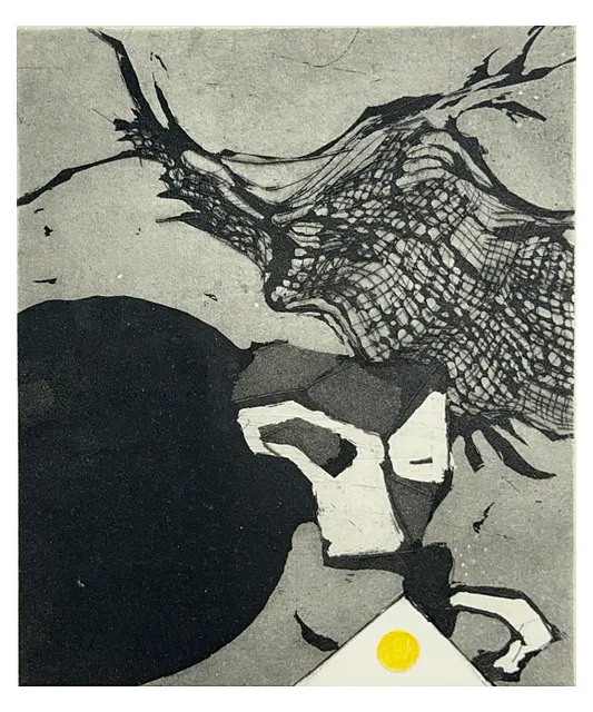 Otto Eglau, Composition abstraite au cercle jaune, gravure du graphiste de Sylt, 1980