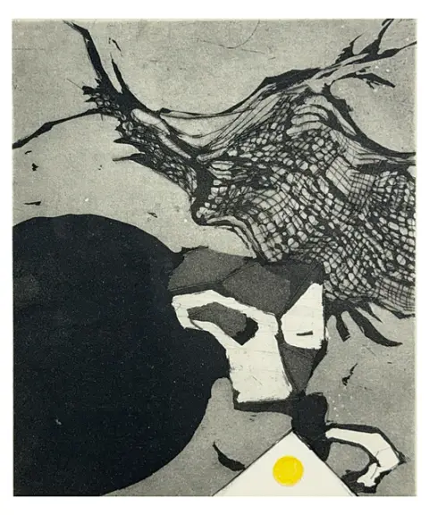 Otto Eglau, Composition abstraite au cercle jaune, gravure du graphiste de Sylt, 1980