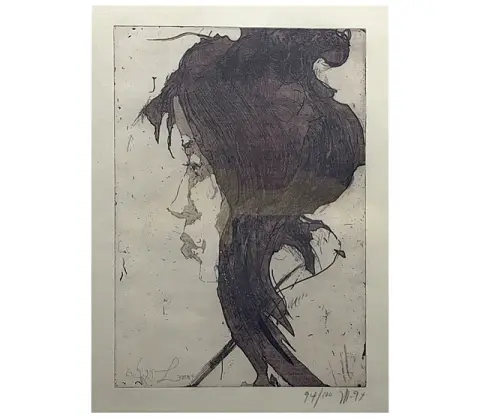 Horst Janssen, Tête de profil avec longues mèches sombres, eau-forte du dessinateur hambourgeois, 1994