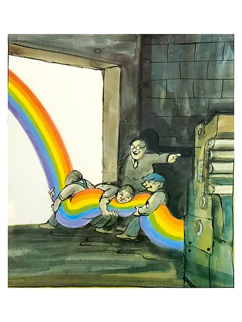 Tomi Ungerer, « Il fait du bien d'avoir l'arc-en-ciel dans la maison », graphique Siegwerk, ouvriers dans l'atelier