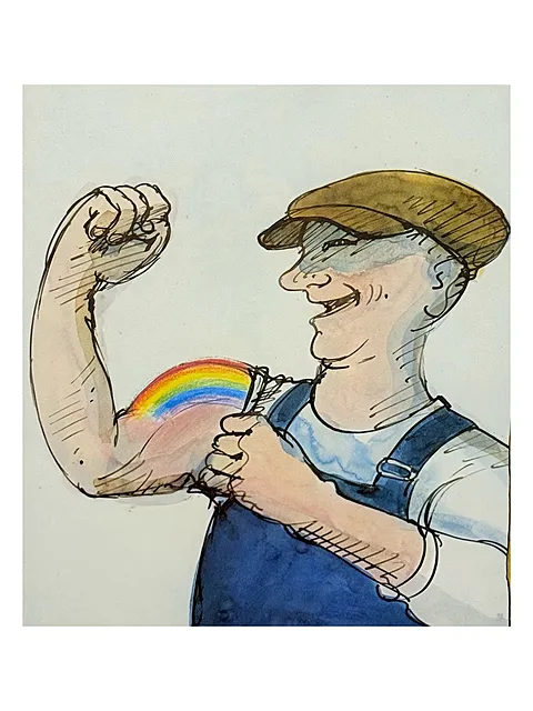Tomi Ungerer, „Ricorda, serve la forza dell'arcobaleno“, grafica Siegwerk, operaio con salopette