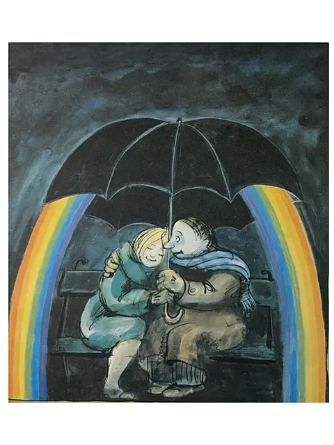 Tomi Ungerer, Im Tief hilft der Regenbogen, offset couleur signé à la main avec parapluie