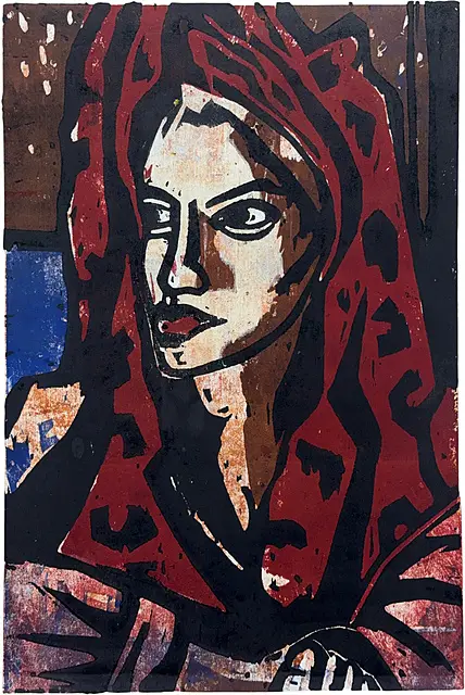 Tino Rex, « Katja mit dem Badetuch », portrait de femme avec tissu rouge, exemplaire 2/10, daté 2007