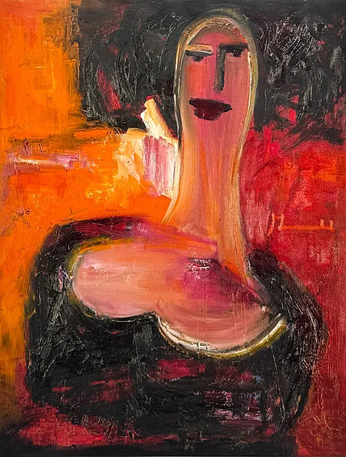 Bente Merrild，海报《Madonna》，以红色和橙色色调抽象化的女性肖像，2013年，带框