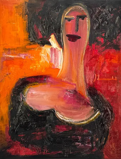 Bente Merrild, affiche « Madonna », portrait de femme abstrait en tons rouge et orange, 2013, encadré