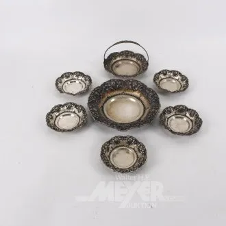 7 various decorative bowls and plates in repoussé style