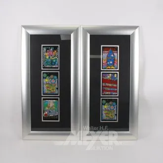 3 picture frames with 3 prints each in postcard format after F. Hundertwasser