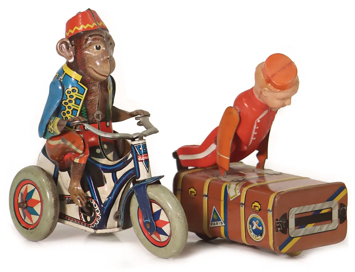 2 pièces, singe de cirque Arnold sur tricycle