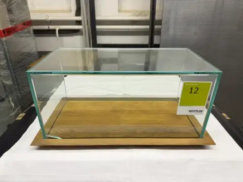 Glazen vitrine met massief eiken sokkel, defect