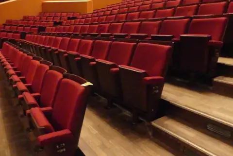 Tiyatro/salon koltukları, 7'şer kişilik 3 sıra (21 koltuk), döşemeli katlanır koltuklar, kırmızı/kahverengi