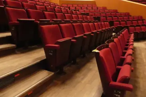 Tiyatro/salon koltukları, 3 sıra, dolgulu katlanır koltuklar, kırmızı/kahverengi